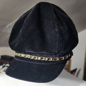 Black Velvet Baker Boy Cap with Gold Chain Accent